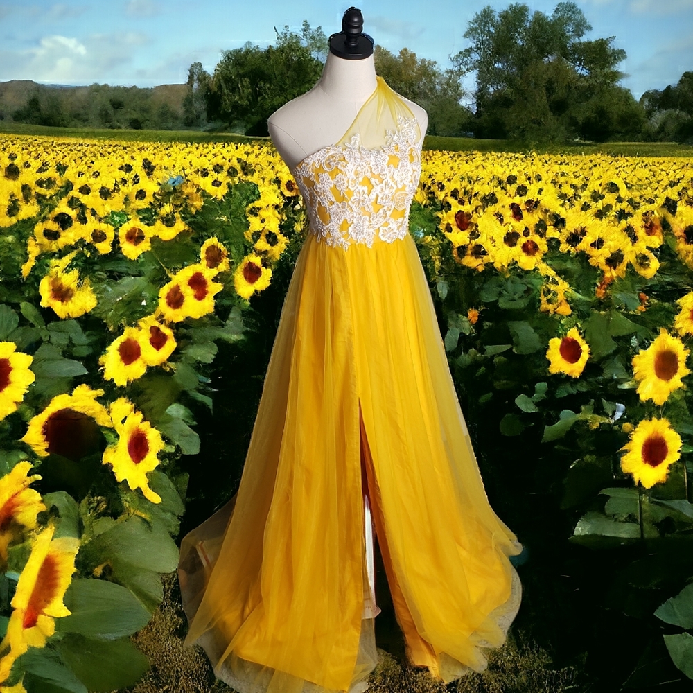 Azazie Ball Gown XS Golden Saffron Fantasy Fairy Tulle Lace One Shoulder Prom - Picture 4 of 17